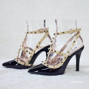 Caged Black Patent Studded Strappy Stiletto High Heel Shoes